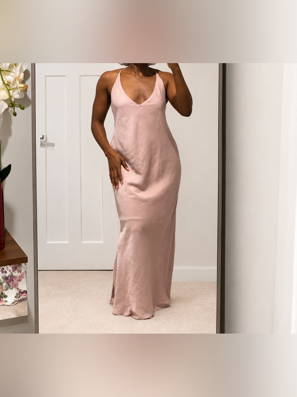 River Island Blush Pink Satin Slip Maxi Dress Backless Cowl UK 14 US 10 BNWT